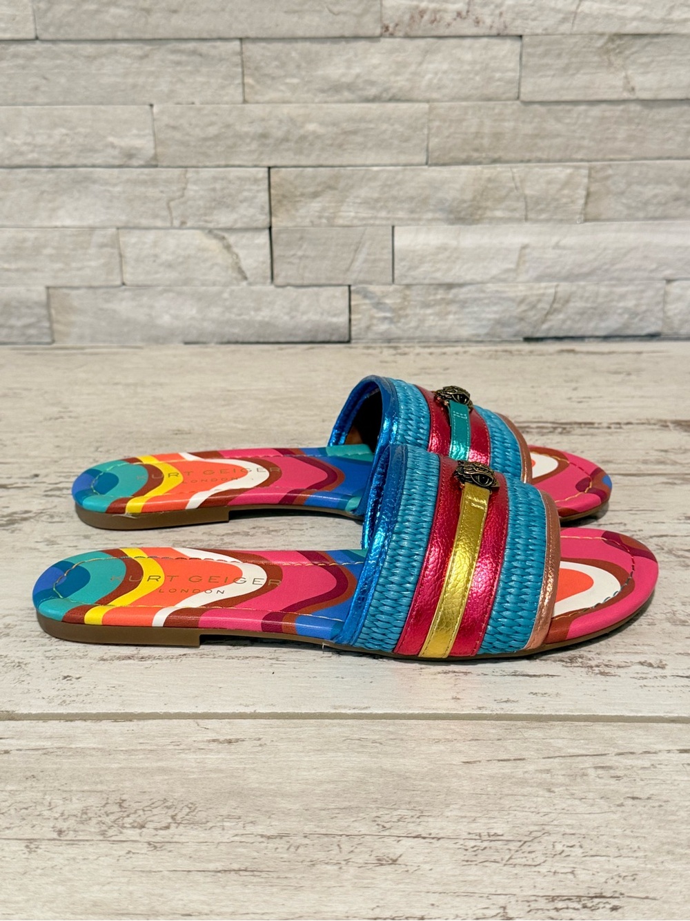 Kurt Geiger SOUTHBANK FLAT SLIDE RAFFIA SANDALS Multicolor New Size 38 - 7.5US - Picture 2 of 16
